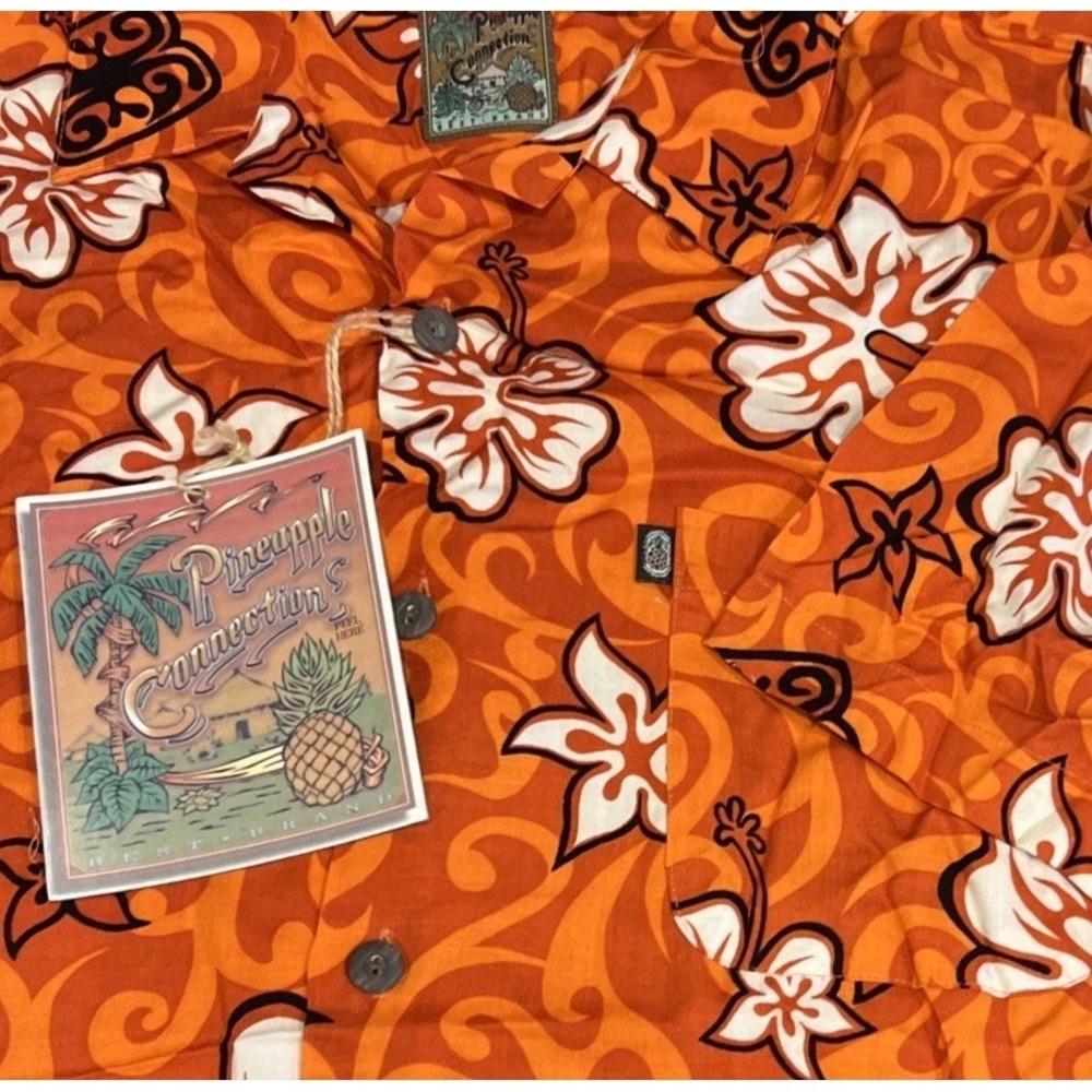 NWT Pineapple Connection Short Sleeve Button Hawaiian Shirt‎ Rayon Orange Size M